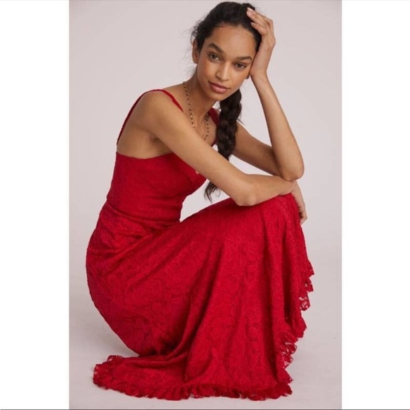 NWT‎ Anthropologie Hutch Seamed Lace Midi Dress in Red Size 0 - Picture 1 of 11